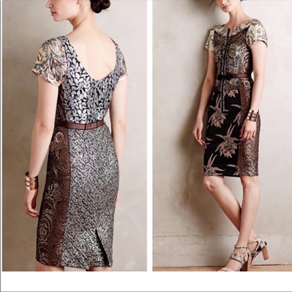 Byron Lars Antique Brown Brocade Floral Lace Sheath Short Sleeve Dress 00P - Picture 2 of 3